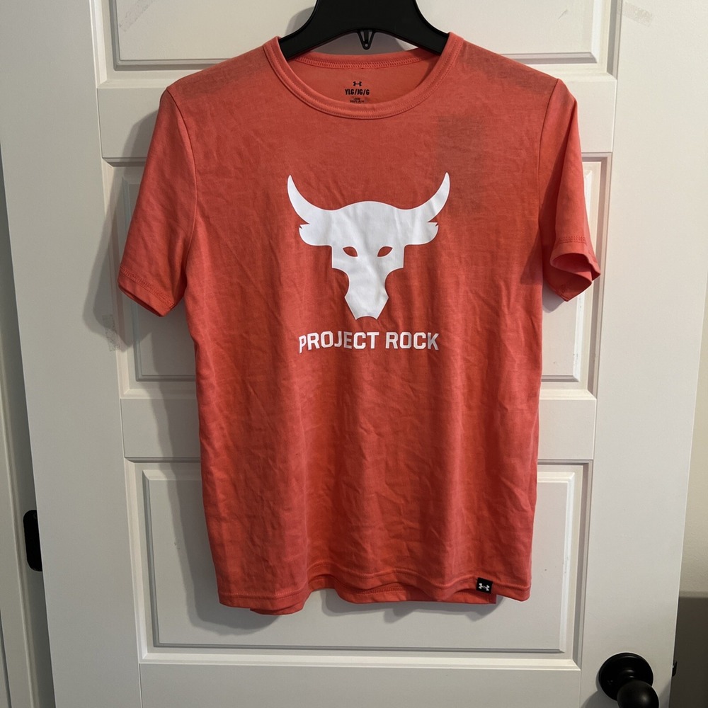 Under Armour Project Rock Heat Gear Youth Large Coral/Whit Short Slv T-Shirt New